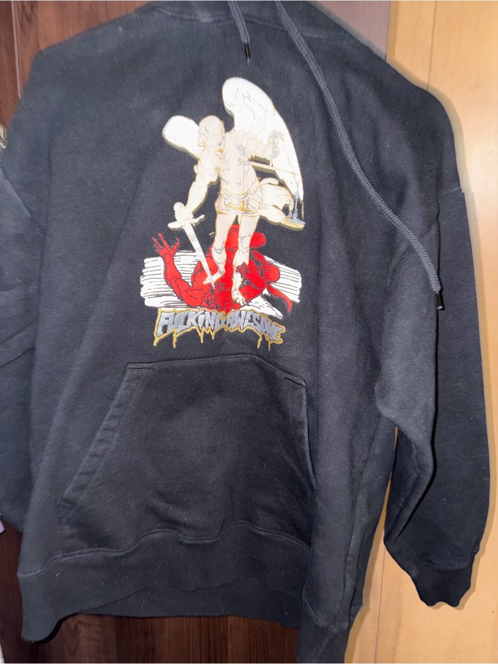 FA Black Hoodie with Angel Graphic and Red Accent
